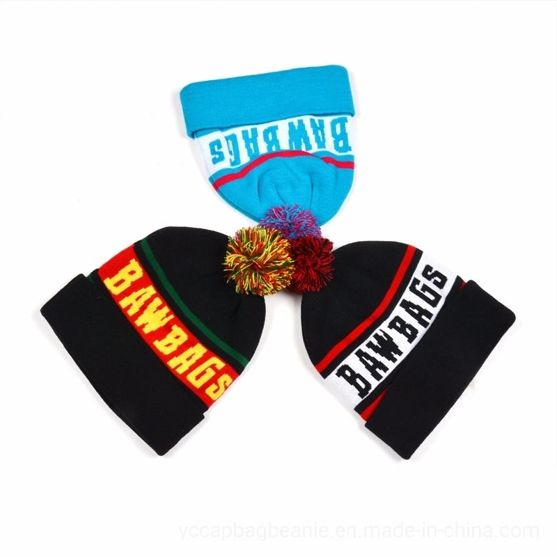 OEM Colorful Cuffed Fancy Jacquard Football Knitted Pompom Beanie Hat