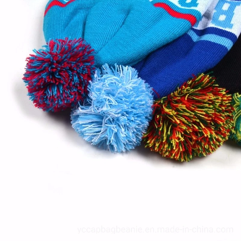 OEM Colorful Cuffed Fancy Jacquard Football Knitted Pompom Beanie Hat