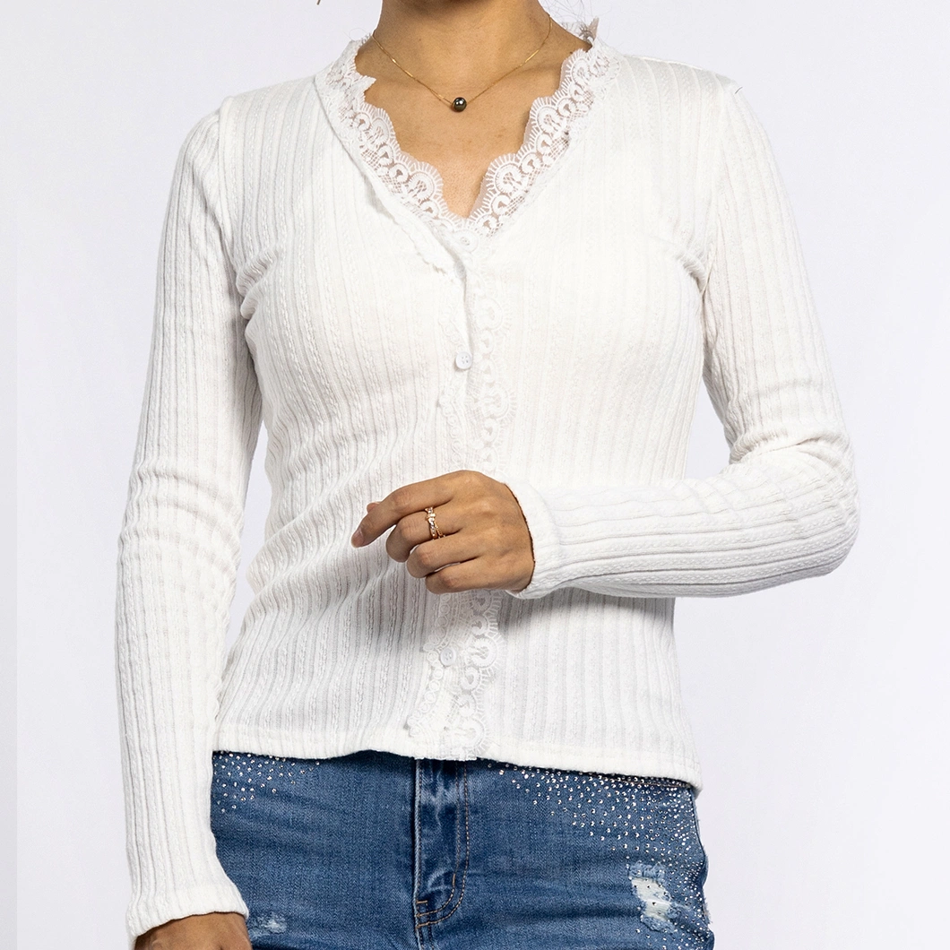 Autumn Long Sleeved Lace V-Neck Button Knitwear Ladies Knitted White Sweaters Women Tops