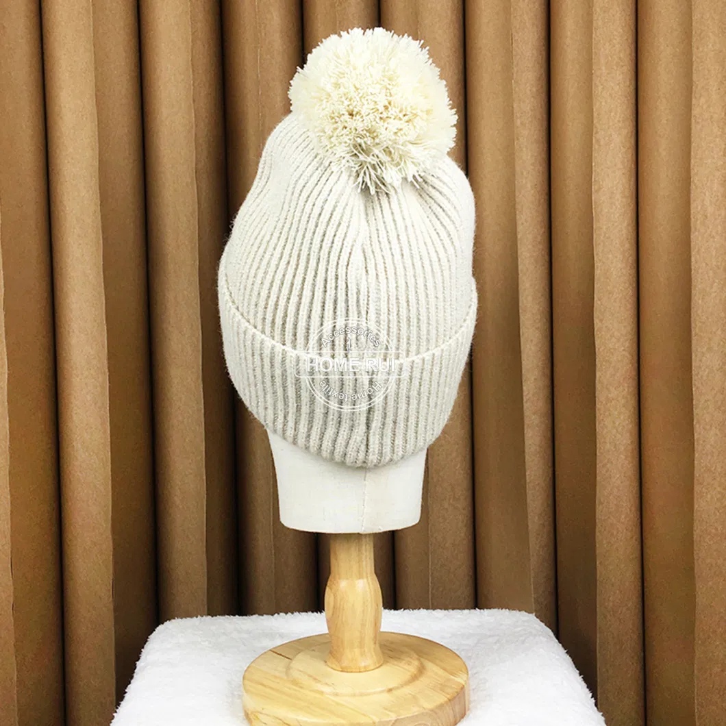 Manufacturers Custom Logo Women Beanies with POM POM Embroidery Character Patch Cuffed Knitted Hats Ribbed Chunky Knit Caps