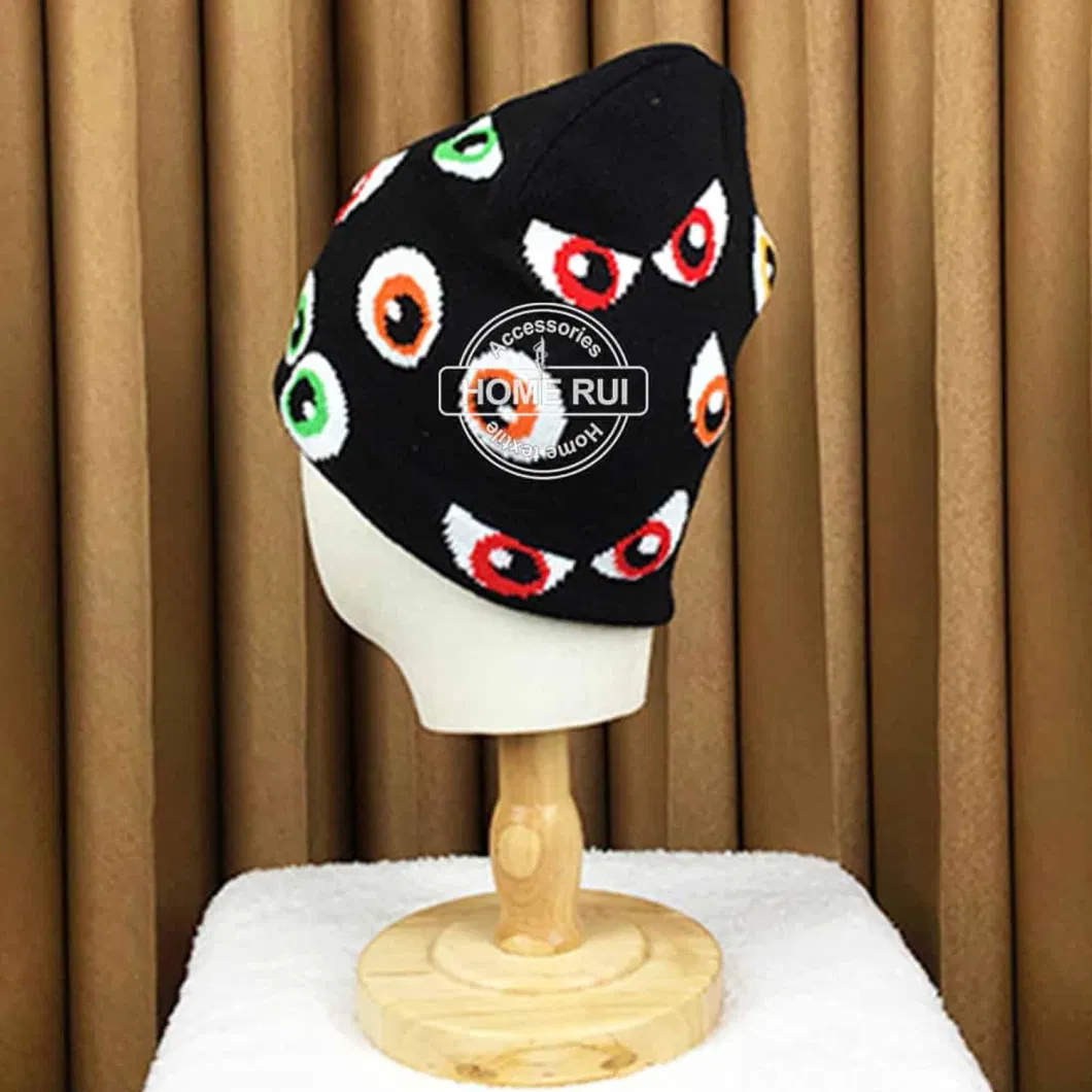 Manufacturers Custom Logo Knitted Hat Kids Child Hair Monster Eyes Skully Chunky All Around Print Jacquard Acrylic Winter Beanie