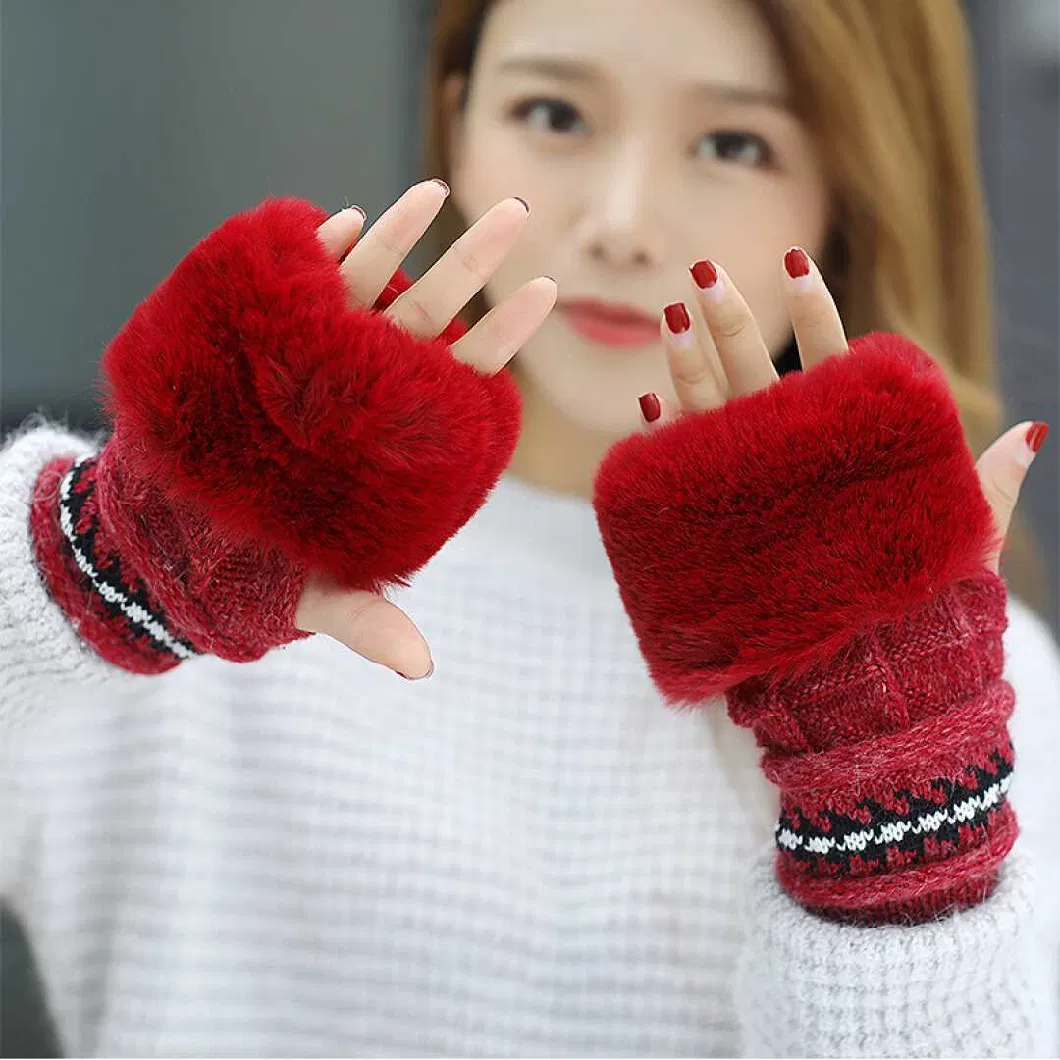 Autumn and Winter Fashion Plus Velvet Warm Sweet and Cute Fingerless Knitted Gloves Jacquard Kit Single Gloves