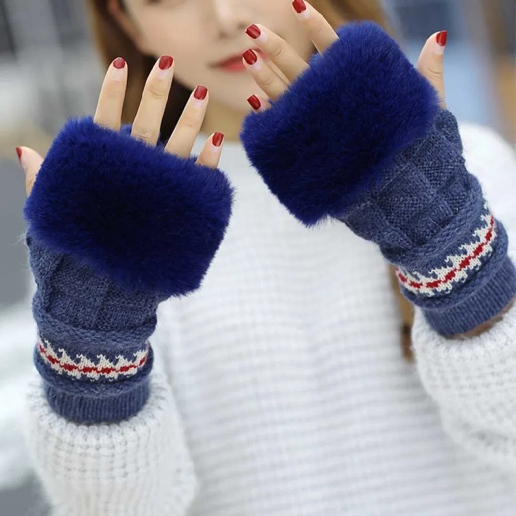 Autumn and Winter Fashion Plus Velvet Warm Sweet and Cute Fingerless Knitted Gloves Jacquard Kit Single Gloves