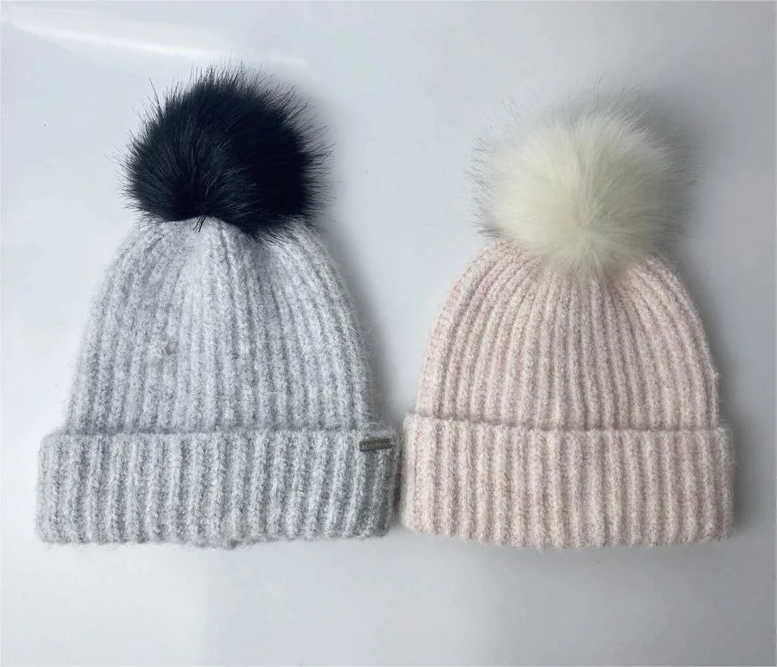 Customized Ladies Winter Fluffy Ribbed Beanies Fashion Women Spandex Mohair Fur POM POM Beanie OEM ODM Knitted Hats Wool Beanies Recycle Yarn Beanies