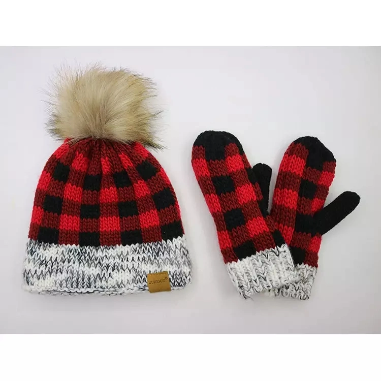 Womens Fashion Fleece Lined Faux Fur POM POM Buffalo Plaid Acrylic Chunky Knit Beanie Winter Hat and Funky Gloves Mittens Set