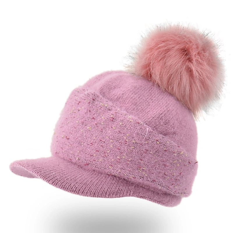 Women&prime;s Winter Knitted Warm Baseball Hat Cute POM POM Rabbit Hair Beanie Hat