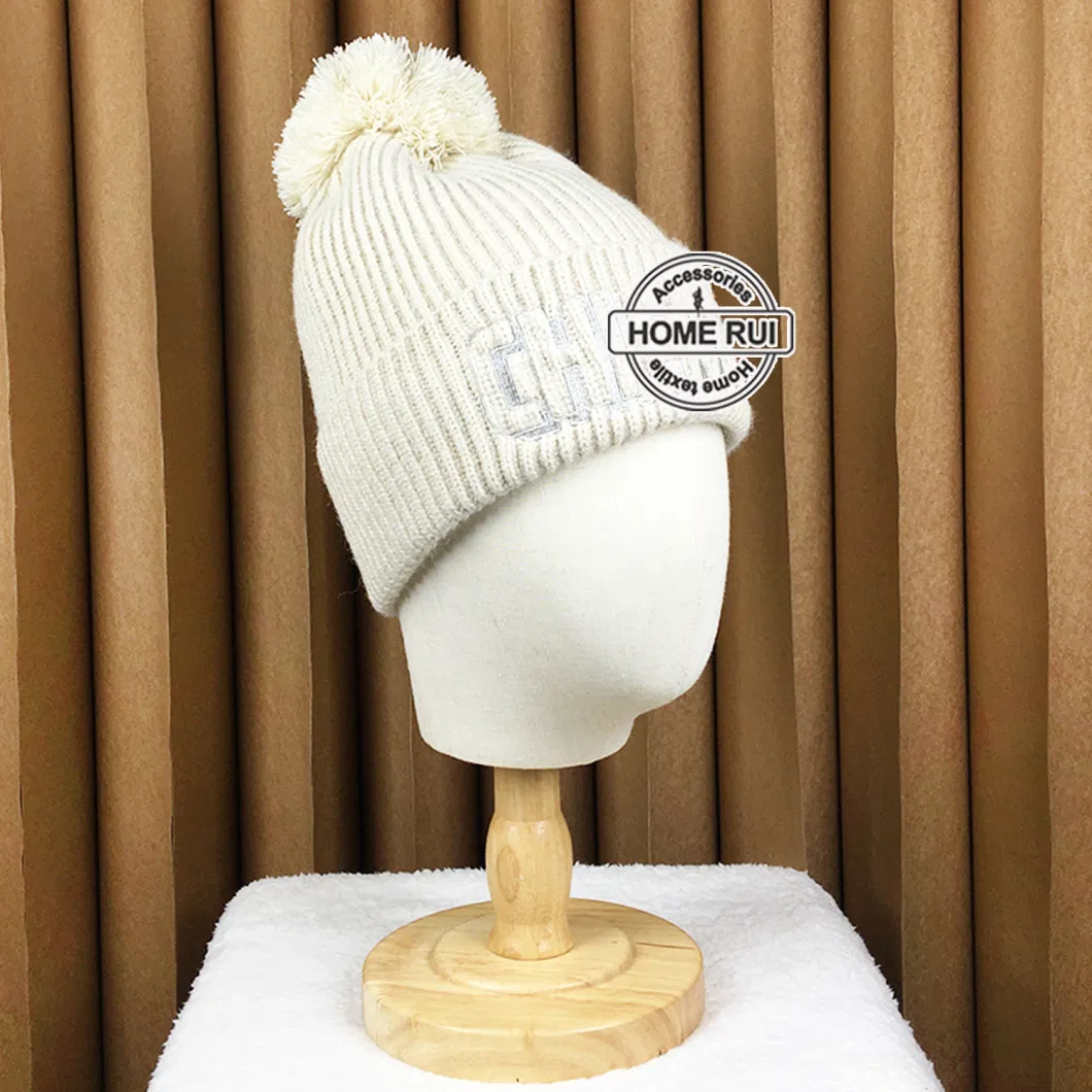 Manufacturers Custom Logo Women Beanies with POM POM Embroidery Character Patch Cuffed Knitted Hats Ribbed Chunky Knit Caps