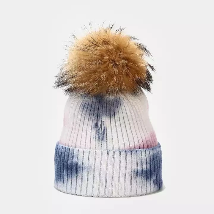 High Quality Unisex Custom Knitted Winter Hat 100% Polyester Tie Dye Beanie with Fur POM POM