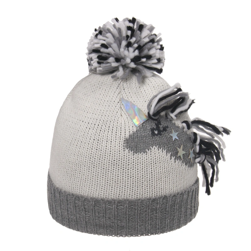 Lovely Animal Custom Jacquard Unicorn Pompom Bobble Acrylic Knitted Winter Beanie Hat