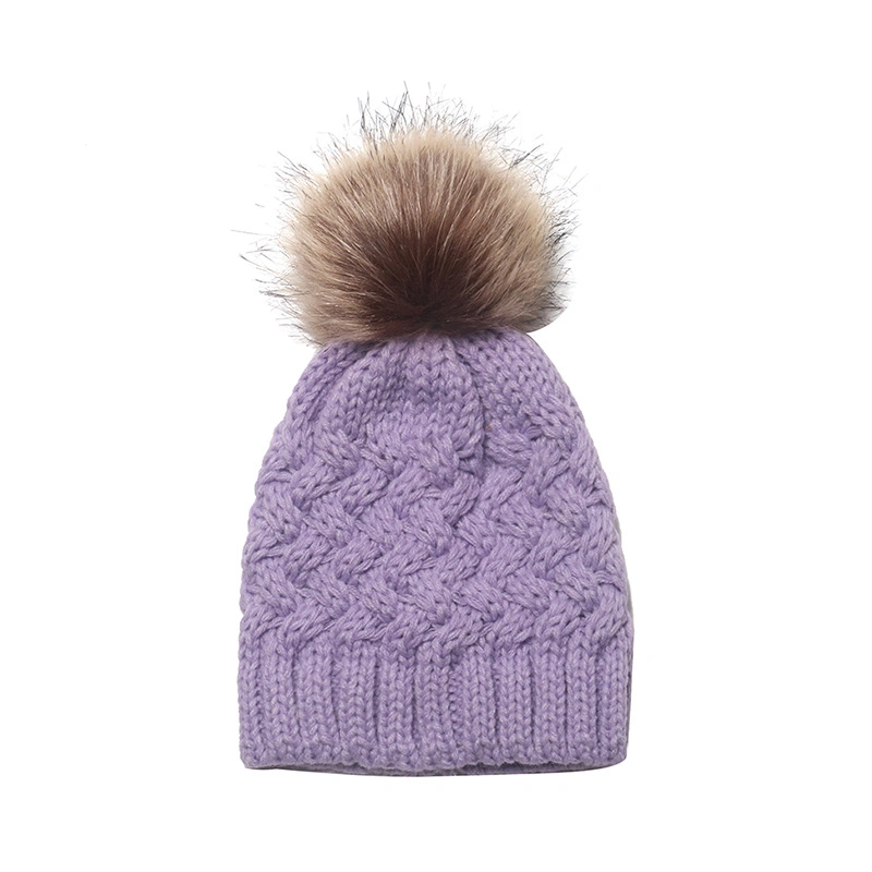 Cute Custom Acrylic Plain Color Childern Kids Pompom Bobble Knitted Winter Beanie Hat