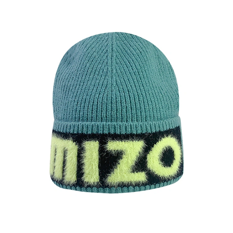 2023 Customize Logo Double Thick Layer 100%Acrylic Cuffed Knit Beanie Slouchy Mohair Beanie