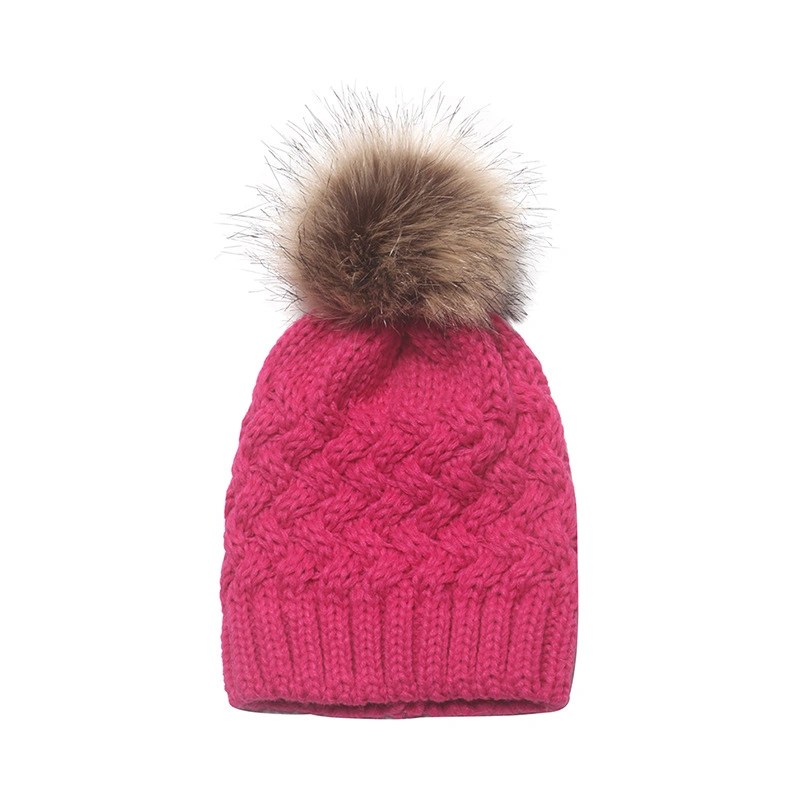 Cute Custom Acrylic Plain Color Childern Kids Pompom Bobble Knitted Winter Beanie Hat