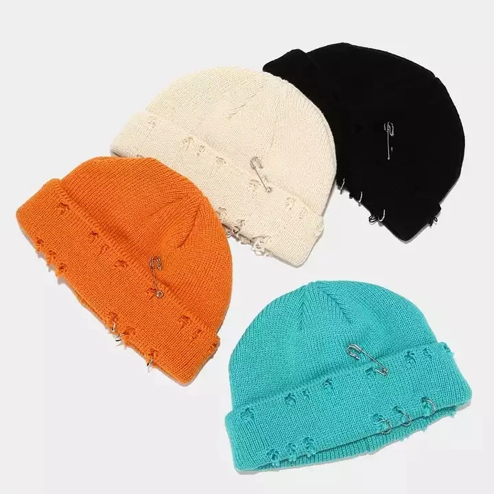 High Quality Warm Knitted Hip Hop Melon Landlord Hat Distressed Skull Pin Beanies Hat