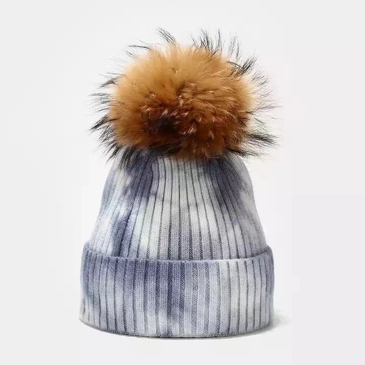 High Quality Unisex Custom Knitted Winter Hat 100% Polyester Tie Dye Beanie with Fur POM POM