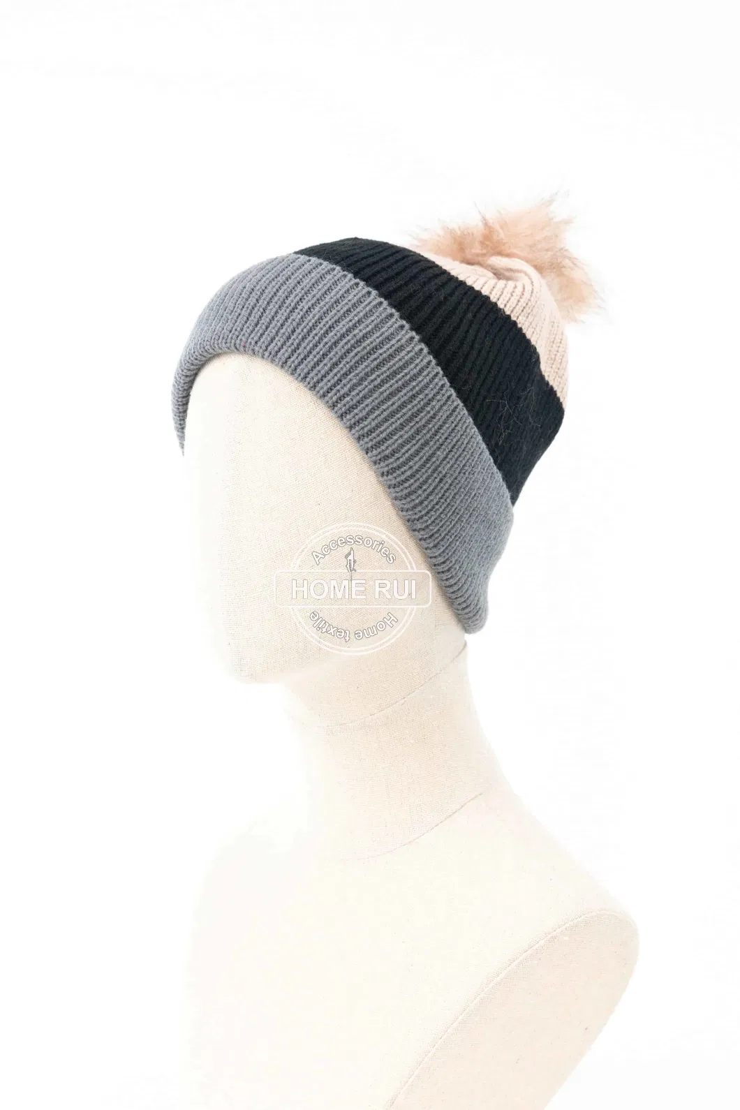 Women Warm Soft Rayon Grey Black Pink Blended Mixed Colour Fur Pompom Knitted Striped Colour Block Bonnet Casual Hat Beanie