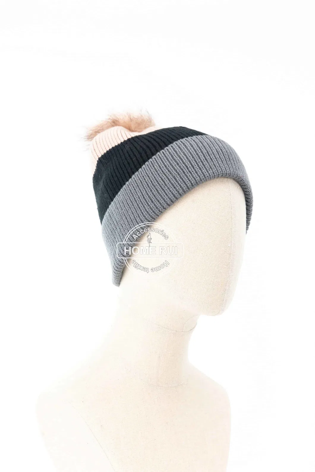 Women Warm Soft Rayon Grey Black Pink Blended Mixed Colour Fur Pompom Knitted Striped Colour Block Bonnet Casual Hat Beanie