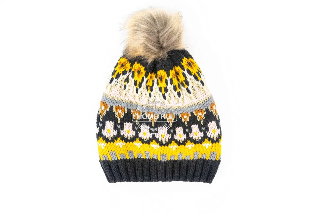 Women Warm Soft Acrylic Yellow Blended Mixed Colour Fur Pompom Faire Iland Jacquard Design Bonnet Casual Hat Beanie