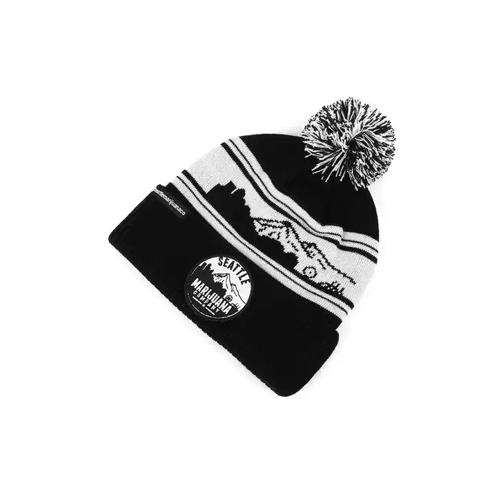 Custom Hot Selling Products Winter Pompom Beanie 100% Acrylic Children Unisex Beanie Hats Embroidery Patch Black Jaquared Beanie