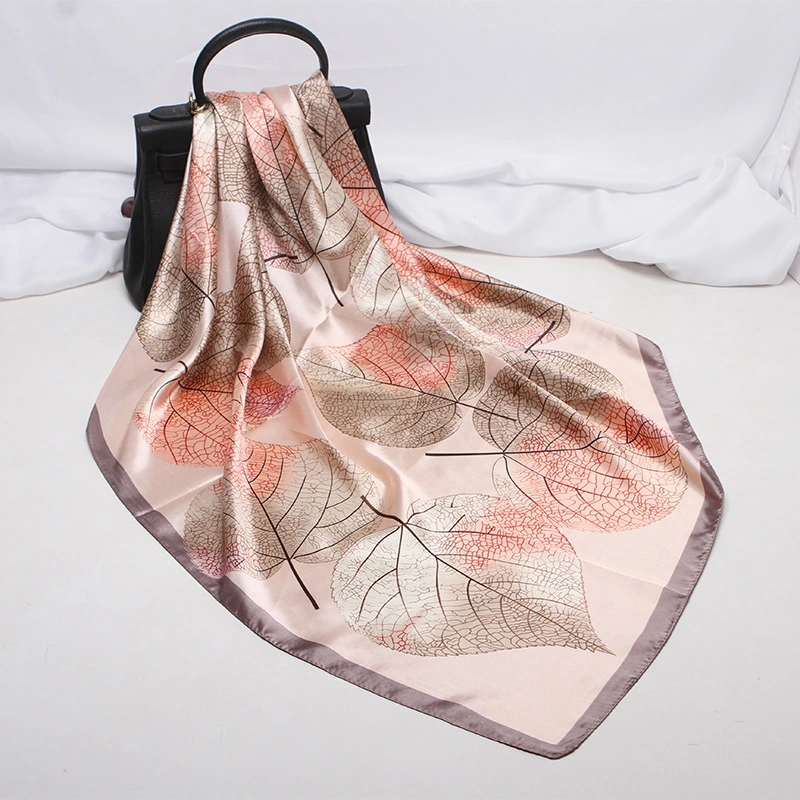 Spring Summer New Fashion Women Decorative Silk Square 90*90cm Twill Leaf Pattern Print Monochrome Gift Polyester Satin Custom Soft Lady Scarf