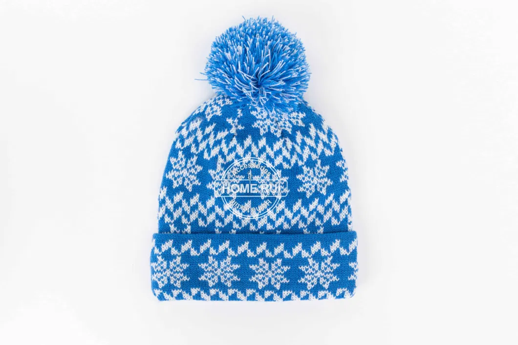 Women Warm Soft Slouchy Acrylic Fold Edge Blue White Pompom Jacquard Snowy Design Bonnet Casual Hat Beanie