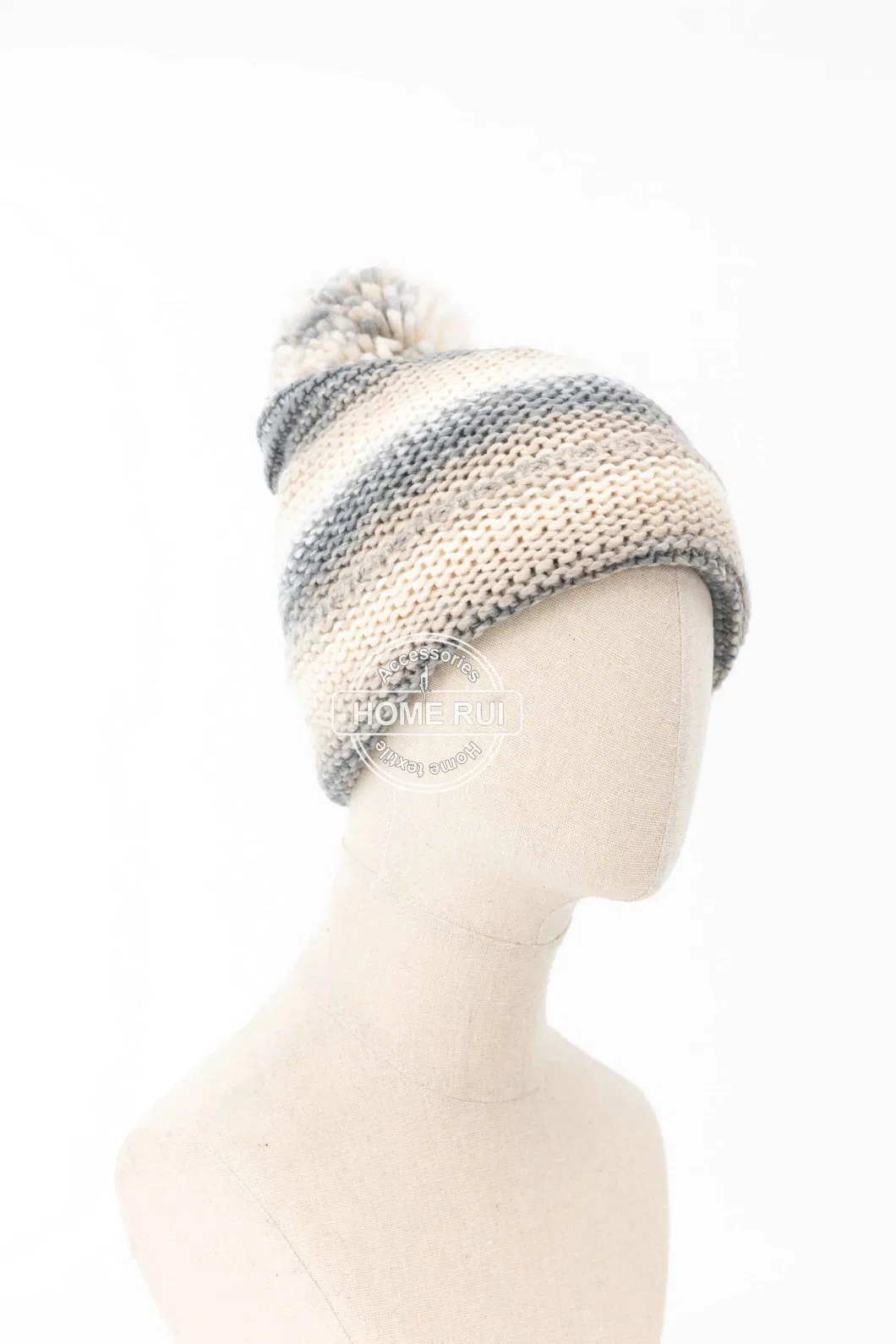 Women Warm Soft Slouchy Acrylic Fold Edge Beige Grey White Pompom Blended Mixed Striped Bonnet Casual Hat Beanie