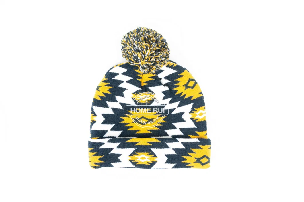 Women Warm Soft Slouchy Acrylic White Navy Yellow Pompom Jacquard Bonnet Casual Hat Beanie