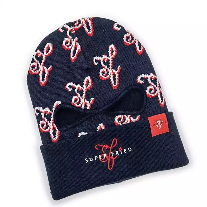 Designers Fold up All Over Print Embroidered Jacquard Knit Ski Mask Balaclava Custom Logo Beanie