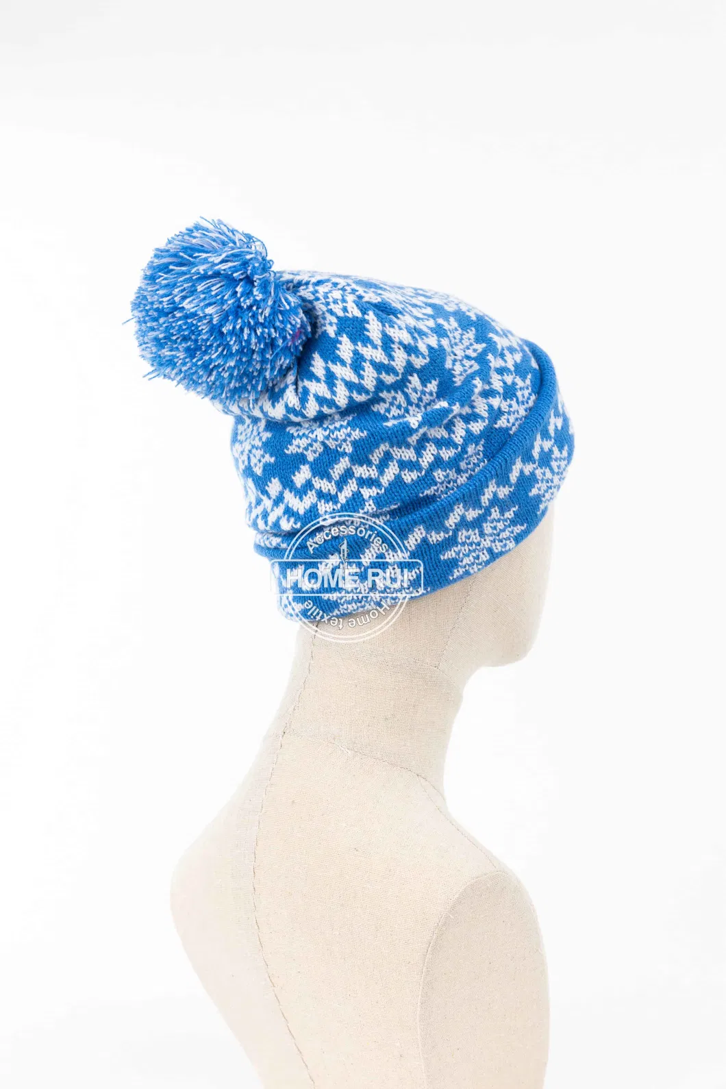 Women Warm Soft Slouchy Acrylic Fold Edge Blue White Pompom Jacquard Snowy Design Bonnet Casual Hat Beanie