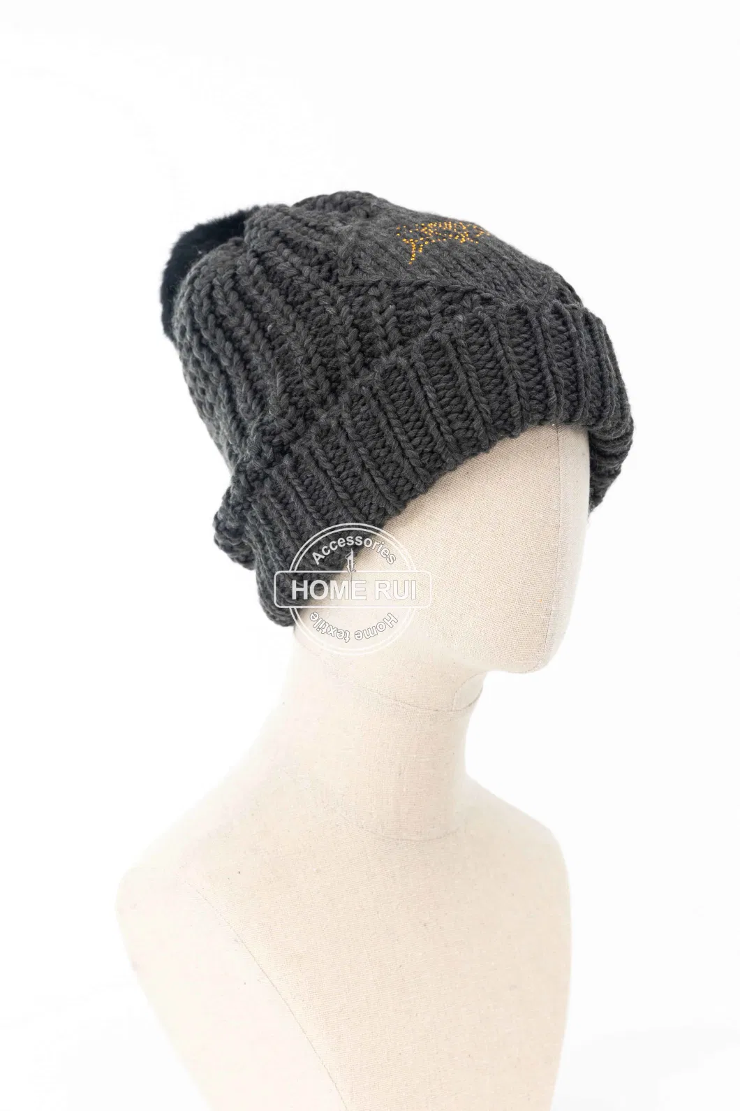 Women Warm Soft Acrylic Dark Grey Charocal Black Pompom Gold Metal Beads Deer Design Knitted Rib Bonnet Casual Hat Beanie