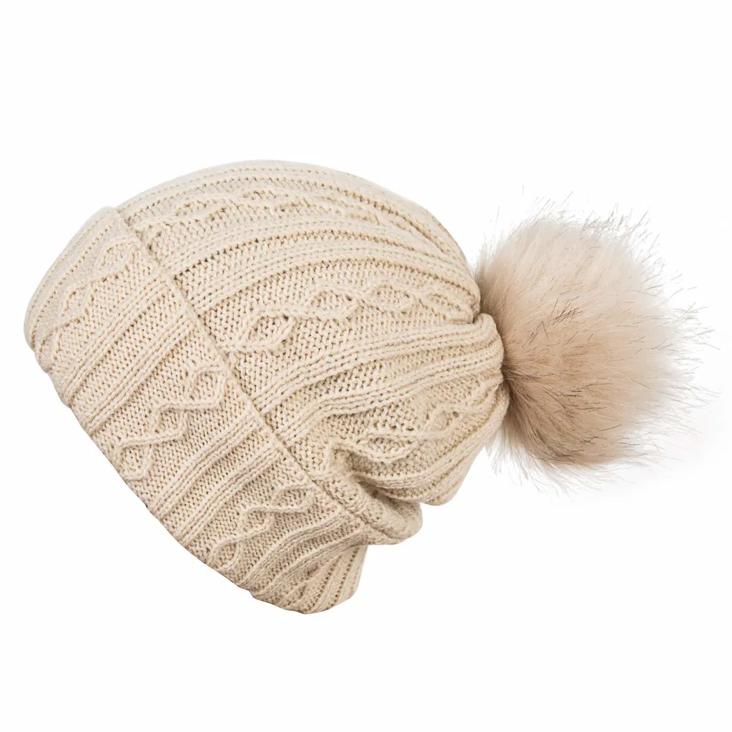 Womens Cable Beanie Winter Warm Chunky Soft Hats Knit Faux Fur POM POM Hat Wholesale Designer Beanie Knit Hat