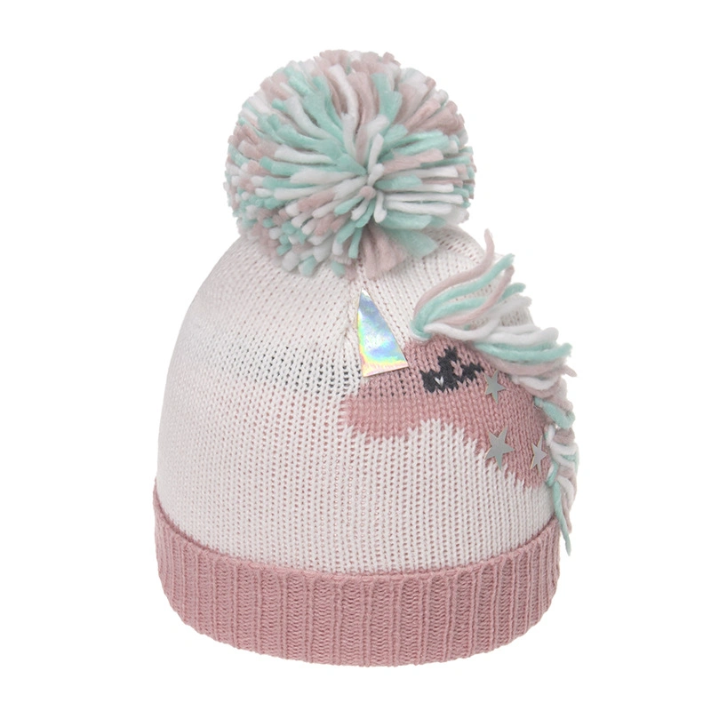 Lovely Animal Custom Jacquard Unicorn Pompom Bobble Acrylic Knitted Winter Beanie Hat