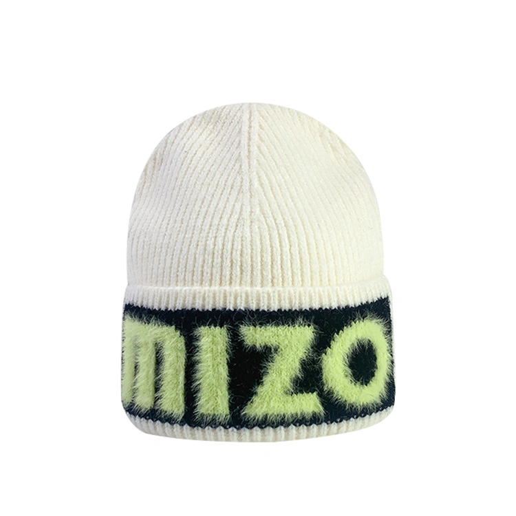 2023 Customize Logo Double Thick Layer 100%Acrylic Cuffed Knit Beanie Slouchy Mohair Beanie