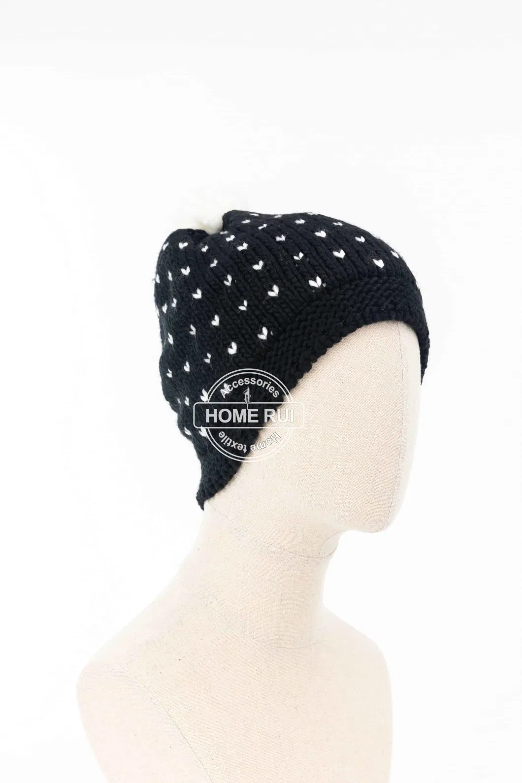 Women Warm Soft Acrylic Black White Solid Colour Pompom Jacquard Knitted Dots Bonnet Casual Hat Beanie