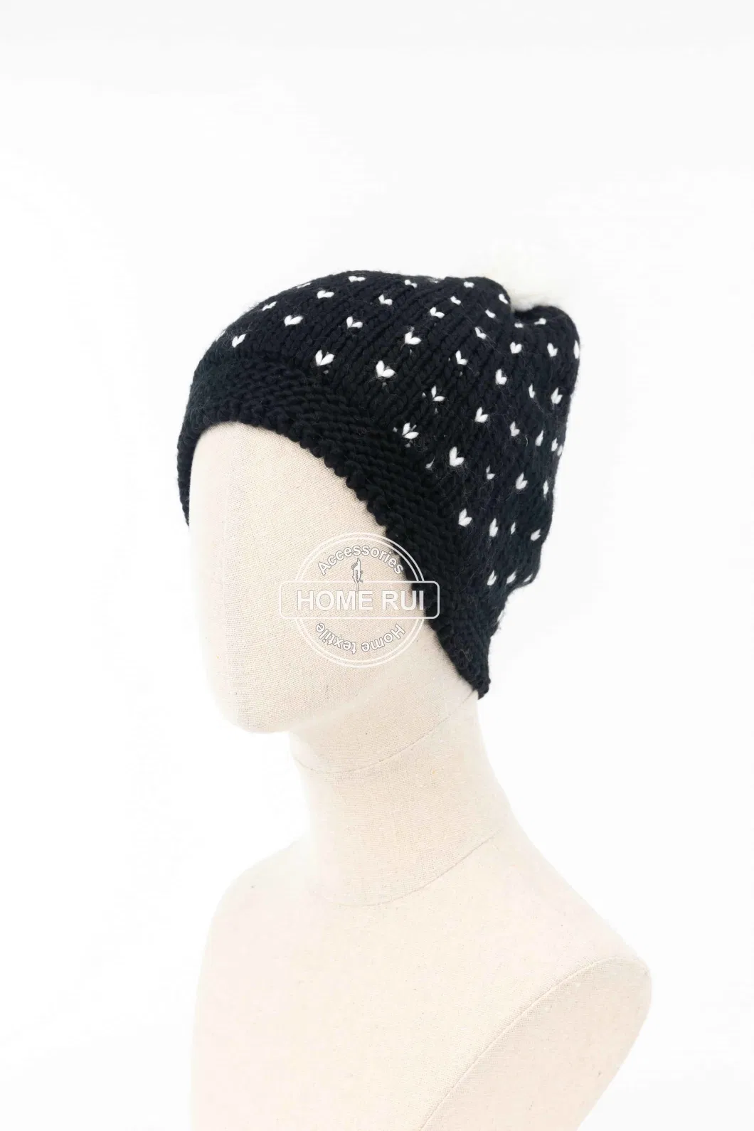 Women Warm Soft Acrylic Black White Solid Colour Pompom Jacquard Knitted Dots Bonnet Casual Hat Beanie