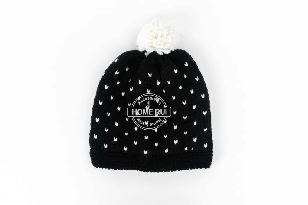 Women Warm Soft Acrylic Black White Solid Colour Pompom Jacquard Knitted Dots Bonnet Casual Hat Beanie