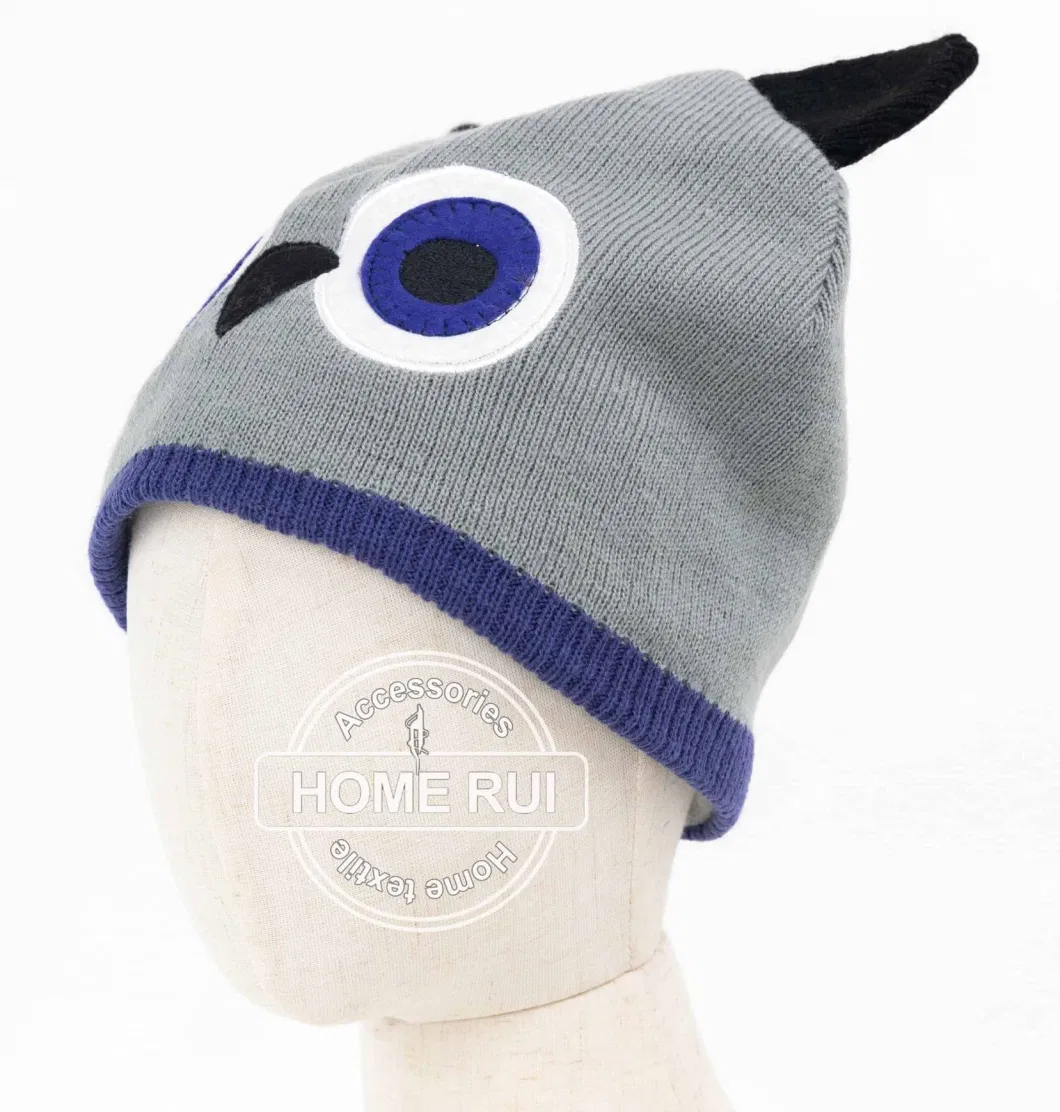 Kids Boy Children Warm Soft Slouchy Grey Solid Plain Knitted Owl Animal Design embroidery Bonnet Casual Beanie Hat
