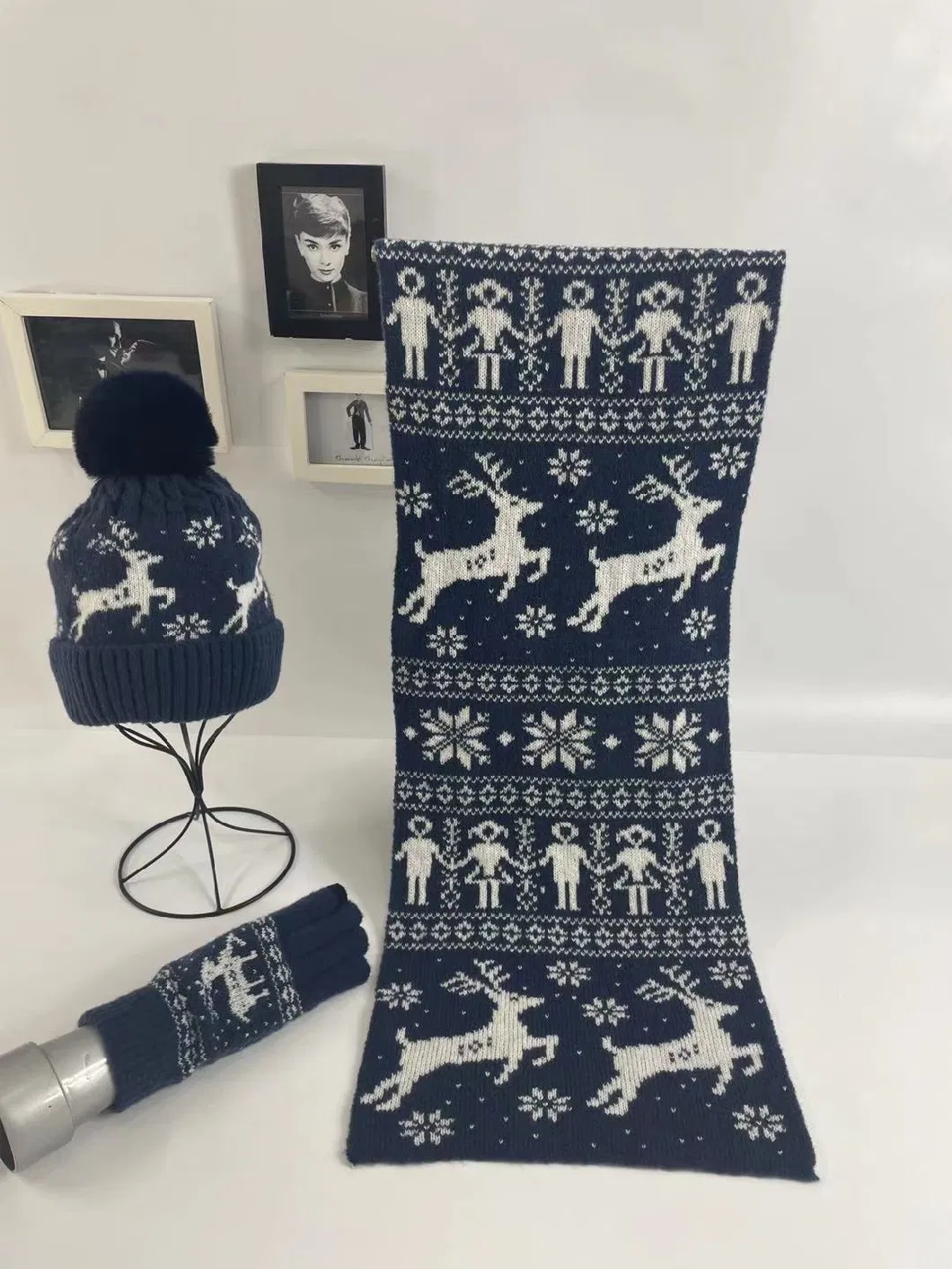 Winter Women Knit Christmas Scarf, Hat and Gloves Thick Warm Set for Students