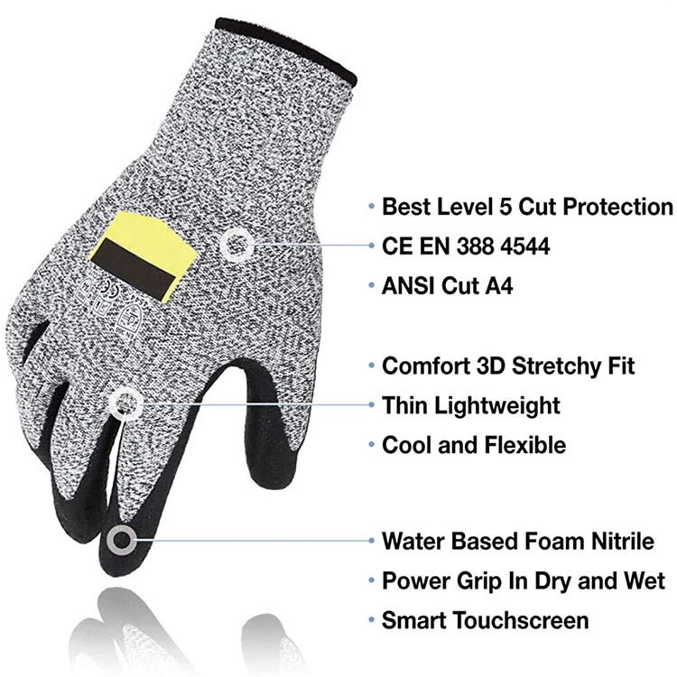Level 5 Cut Resistant Smart Touch Pertature Resistant Nitrile Coated Gloves