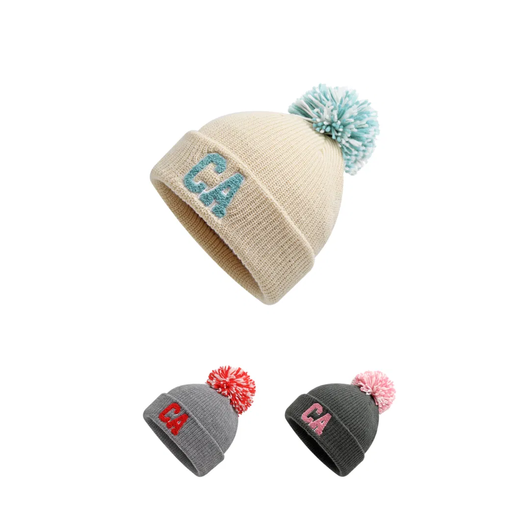 Winter Warm Knittted Acrylic Lady Terry Embroidery Logo Beanie with Thread POM