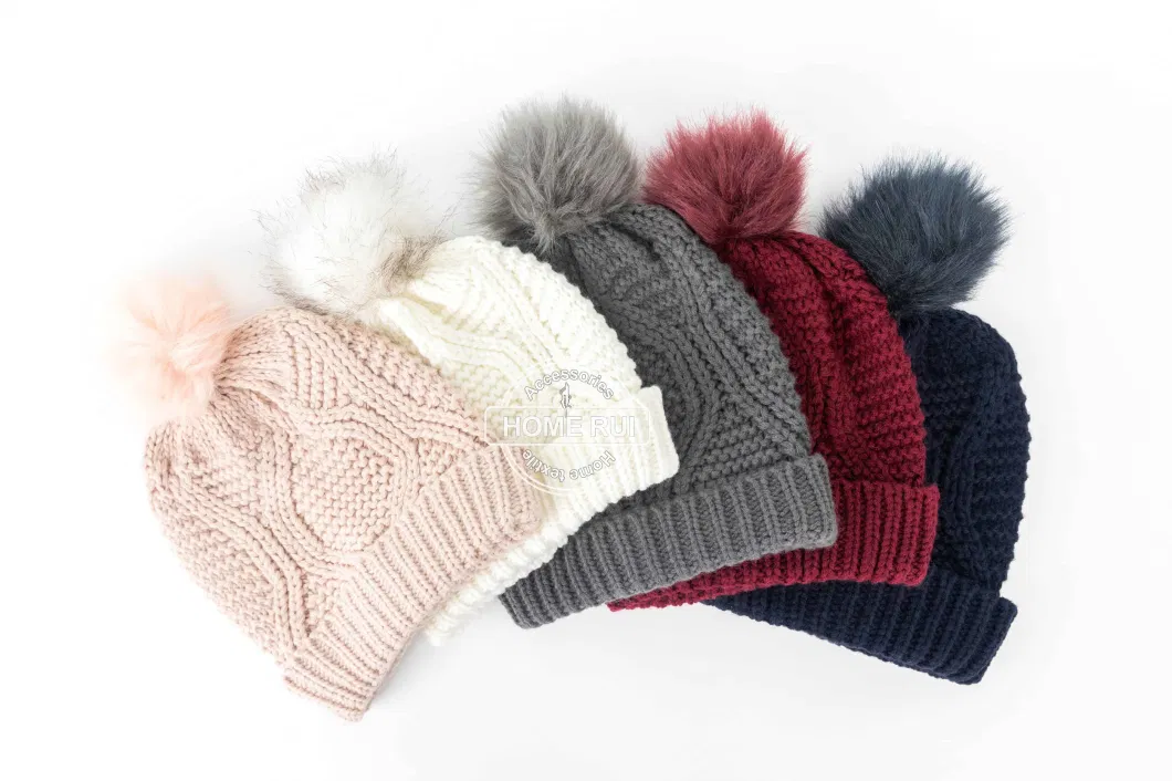 Women Warm Soft Thick Slouchy Chunky Acrylic Fold Edge Ivory Fur Pompom Knitted Cable Bonnet Casual Beanie Hat