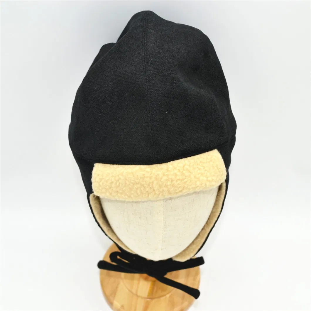 Custom Black Winter Autumn Adult Thickened Warm Cotton Polar Fleece Ushanka Hat Cap Ear Cover Protection Adjustable Straps