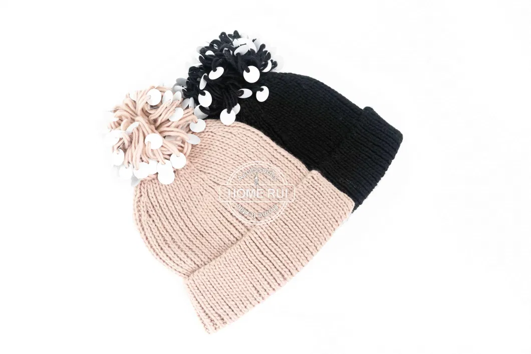 Women Warm Soft Thick Slouchy Acrylic Fold Edge Silver Plastic Sequin Deco Pompom Black Knitted Solid Plain Bonnet Casual Hat Beanie