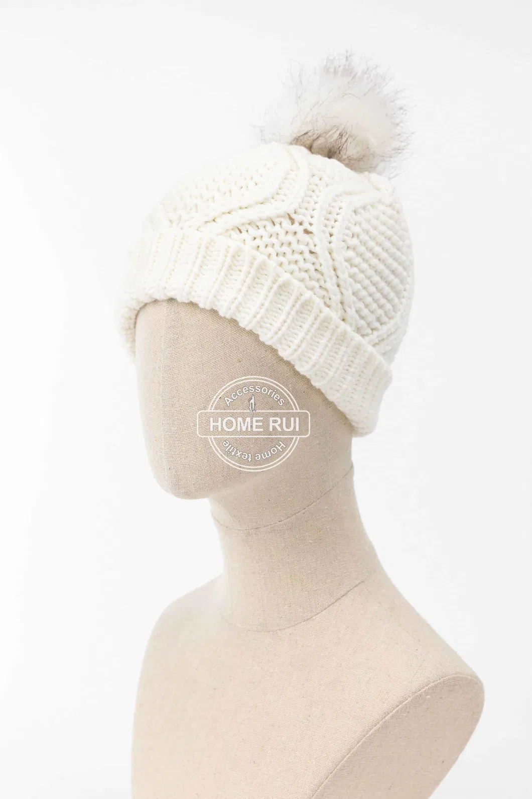 Women Warm Soft Thick Slouchy Chunky Acrylic Fold Edge Ivory Fur Pompom Knitted Cable Bonnet Casual Beanie Hat