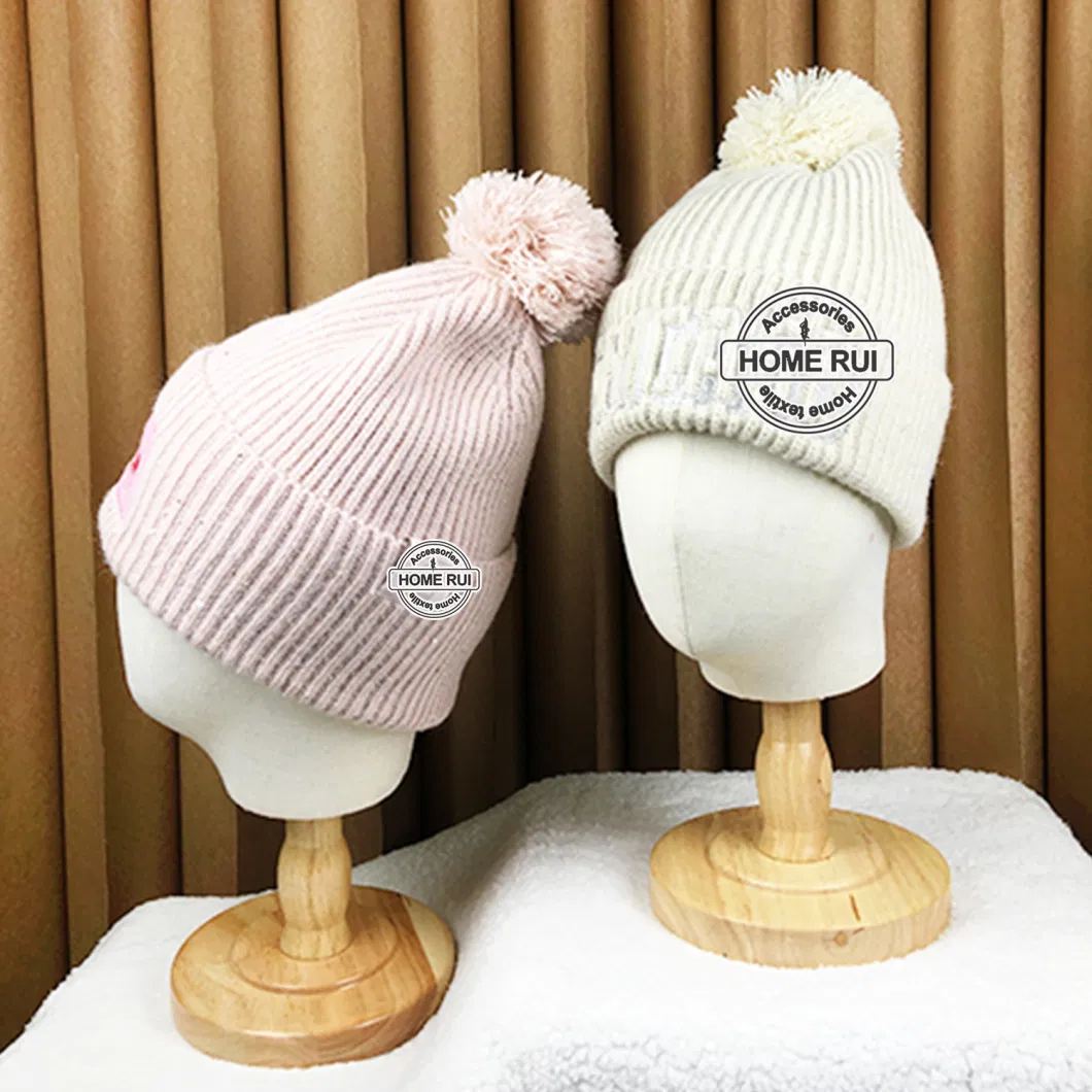 Manufacturers Custom Logo Women Beanies with POM POM Embroidery Character Patch Cuffed Knitted Hats Ribbed Chunky Knit Caps