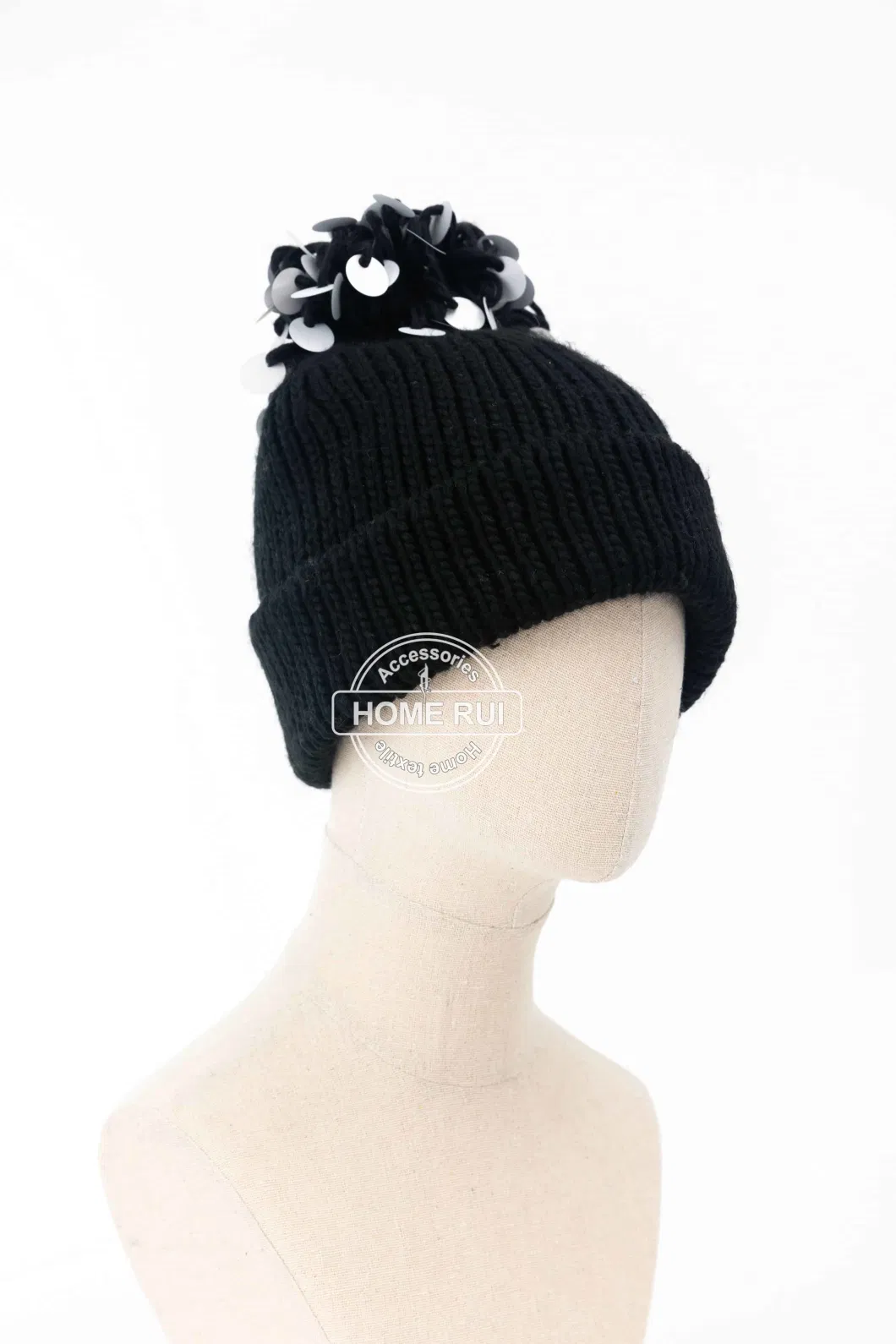 Women Warm Soft Thick Slouchy Acrylic Fold Edge Silver Plastic Sequin Deco Pompom Black Knitted Solid Plain Bonnet Casual Hat Beanie