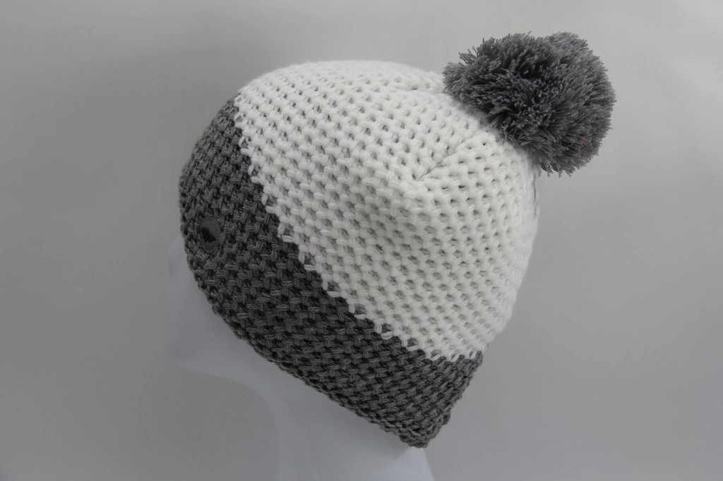 Grey and White Acrylic Knitted Hat with Yarn Pompon