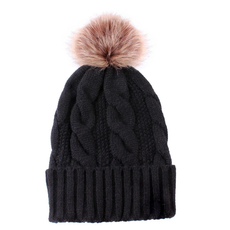 Fashion Girls Ladies Thick POM POM Hat Cable Knit Warm Fleece Lining Beanie Womens Winter Hat