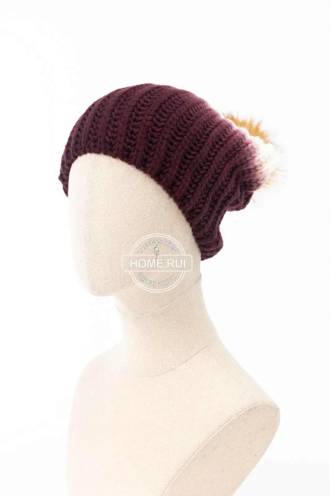 Women Warm Soft Slouchy Mustard Mega Pompom Wine White DIP Dying Knitted Plain Bonnet Casual Hat Beanie