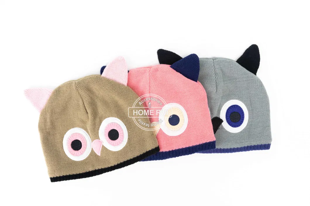 Kids Girl Children Warm Soft Slouchy Camel Solid Plain Knitted Owl Animal Design embroidery Bonnet Casual Beanie Hat