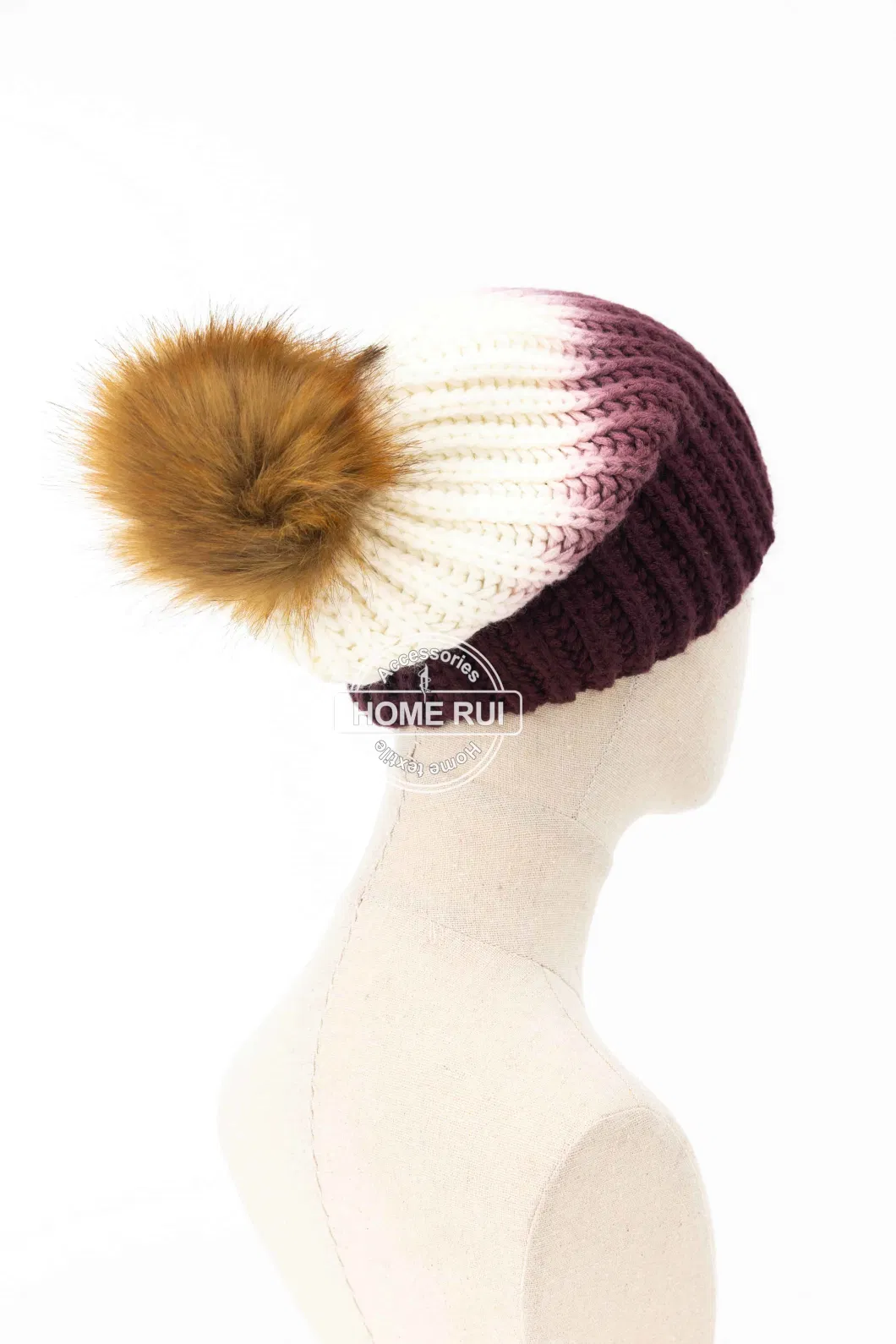 Women Warm Soft Slouchy Mustard Mega Pompom Wine White DIP Dying Knitted Plain Bonnet Casual Hat Beanie